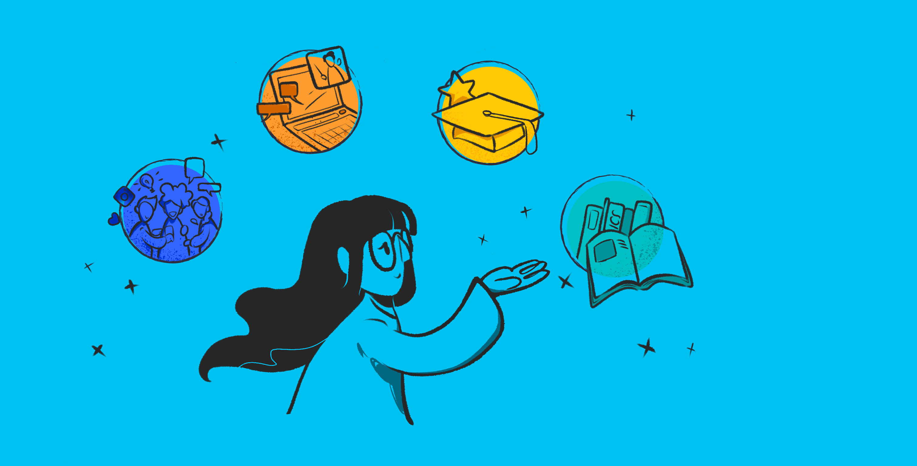 A girl with glasses surrounded by four bubbles. From right to left, one bubble has some books in it, one has a graduation cap, one has a laptop with messages and a chat open, and the final bubble is of three people collaborating and discussing ideas.